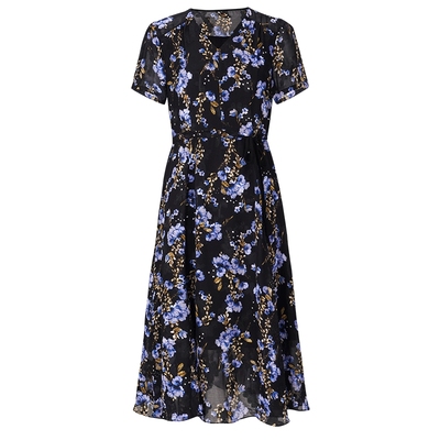 马天奴黑底蓝花系带收腰连衣裙