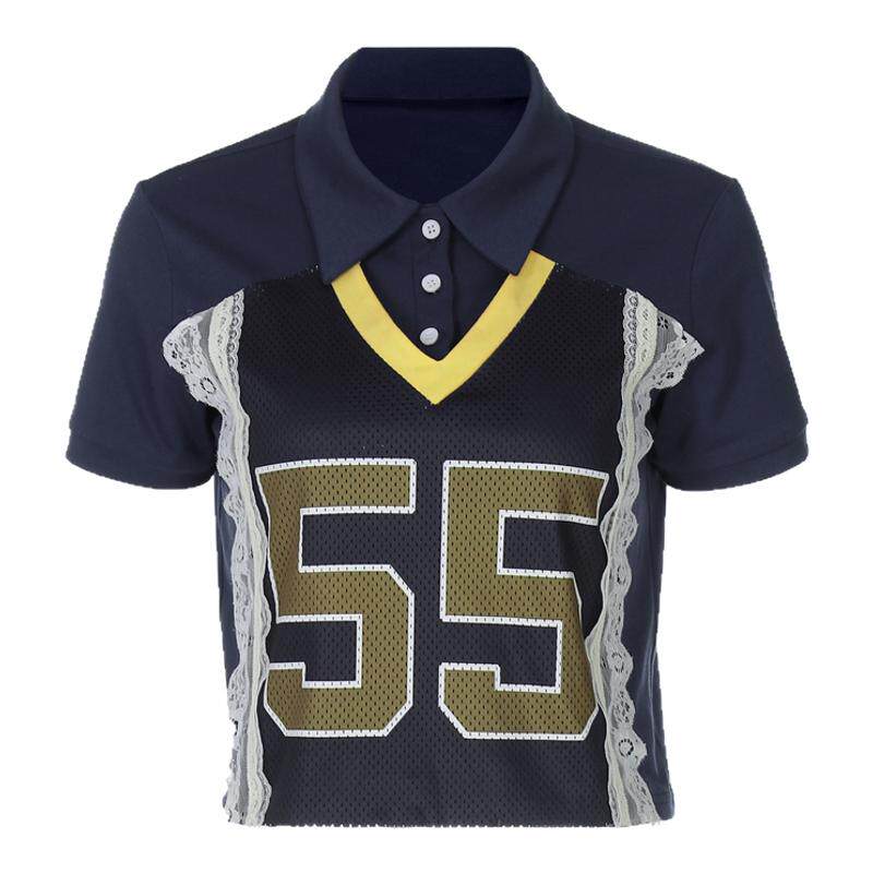 jennie金智妮同款POLO领短袖T恤白色蕾丝拼接字母印花休闲上衣 女