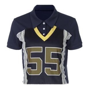 jennie金智妮同款POLO领短袖T恤白色蕾丝拼接字母印花休闲上衣 女