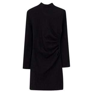 黑色高领打底连衣裙女冬季加绒加厚小个子针织长袖修身包臀裙加长