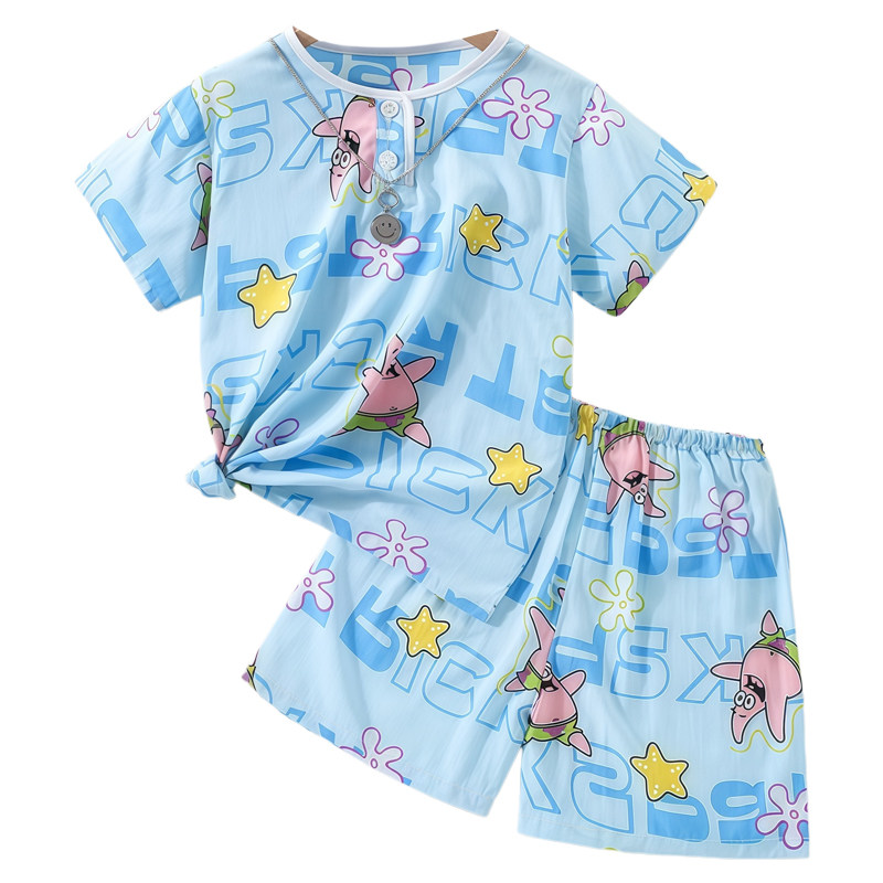 夏季薄款儿童棉绸睡衣男女孩宝宝休闲短袖短裤卡通居家服棉绸套装