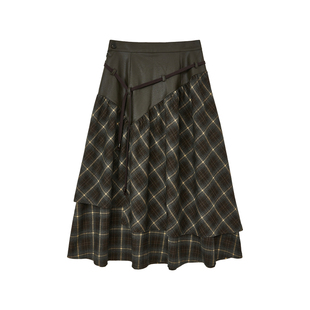 物理少年「解构格纹」拼接格纹不对称抽绳百搭俏皮半身长裙