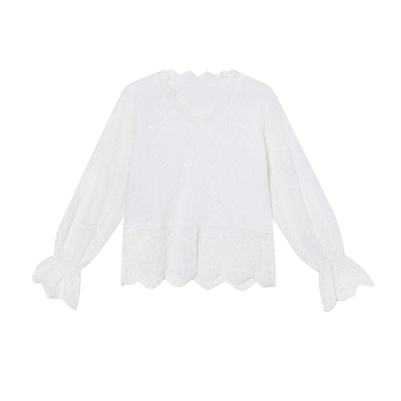 白鹿语气质镂空蕾丝衬衫2025春季新款时尚v领套头长袖女式衬衣