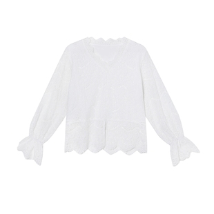 白鹿语气质镂空蕾丝衬衫2025春季新款时尚v领套头长袖女式衬衣