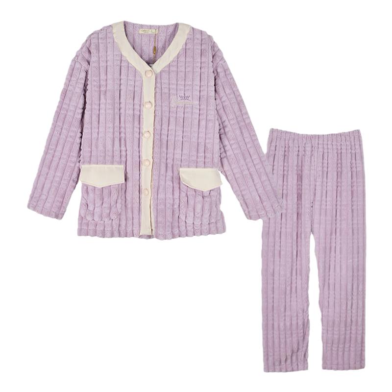 绮瑞睡衣女秋冬珊瑚绒加绒加厚女款冬季长袖法兰绒家居服套装大码