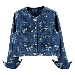 蝴蝶结镶钻牛仔外套女潮2025年春季新款修身显瘦ins欧货短款上衣