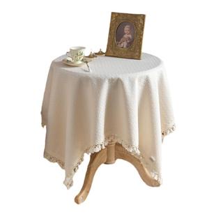 法式轻奢复古棉麻加厚小圆桌布ins盖巾布艺白色餐桌茶几花边定制