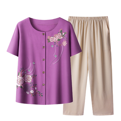 奶奶夏季棉绸套装中老年夏装短袖