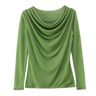 2025新款春秋季网纱薄款遮肚子大码上衣气质T恤女长袖洋气打底衫