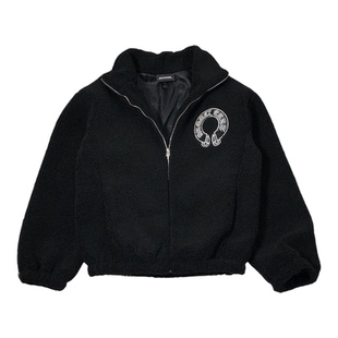 羊羔绒防寒保暖秋冬黑色刺绣pu皮大马蹄十字架潮长袖立领夹克外套