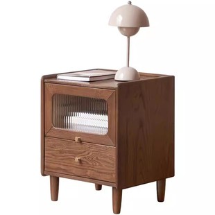 源氏木语百伦沙实木床头柜橡木储物柜胡桃色床边柜带灯收纳抽屉柜