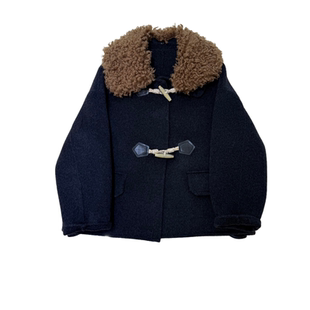 集笙记学院风牛角扣短款羊毛呢外套女毛领保暖气质百搭大衣小个子