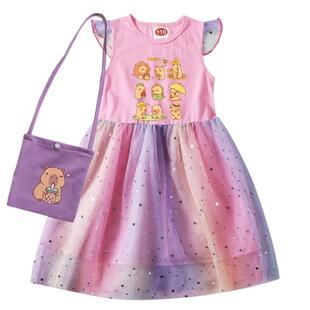 25capybara卡皮巴拉卡通童装小飞袖2-10岁纯棉女童连衣裙儿童裙子