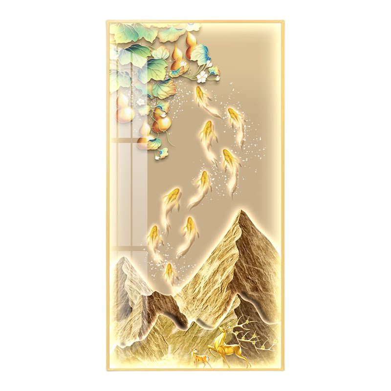 九鱼聚财LED灯画玄关装饰画入户走廊过道正对门挂画轻奢金山壁画