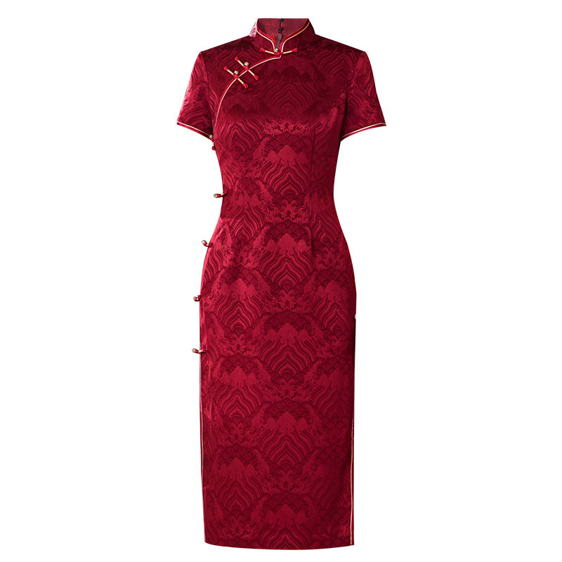 酒红色妈妈婚宴旗袍2026新款喜婆婆妈妈中长款复古高端春季旗袍裙