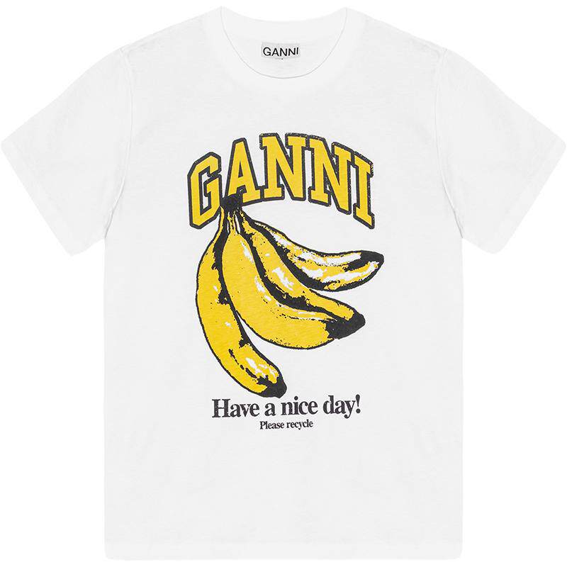 GANNI女装 休闲亮白色香蕉印花趣味图案舒适圆领百搭T恤 T3861151