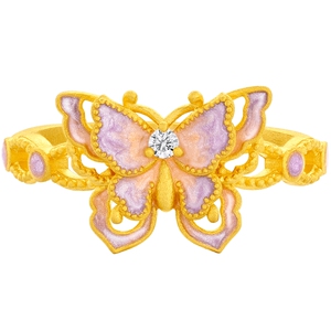 周大福灵蝶紫色鎏彩蝴蝶足金黄金镶钻戒指女ERU127新款礼物