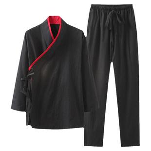 汉服男套装棉麻春秋长袖古装中衣中国风男装斜襟中式交领复古睡衣