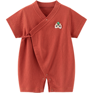木生棉婴儿短袖连体衣夏季新生儿纯棉哈衣宝宝红色满月周岁礼爬服