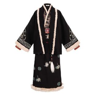 花朝记｜苍弦｜冬季加绒汉服｜黑色甜酷｜宋制对襟袄飞机袖两片裙