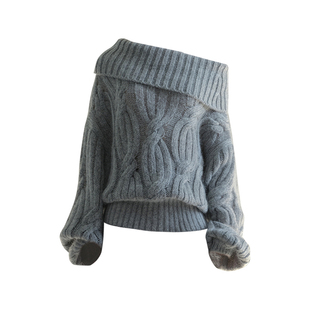 Mogas重磅幼马海羊毛混纺慵懒灯笼袖一字领绞花套头毛衣女春秋