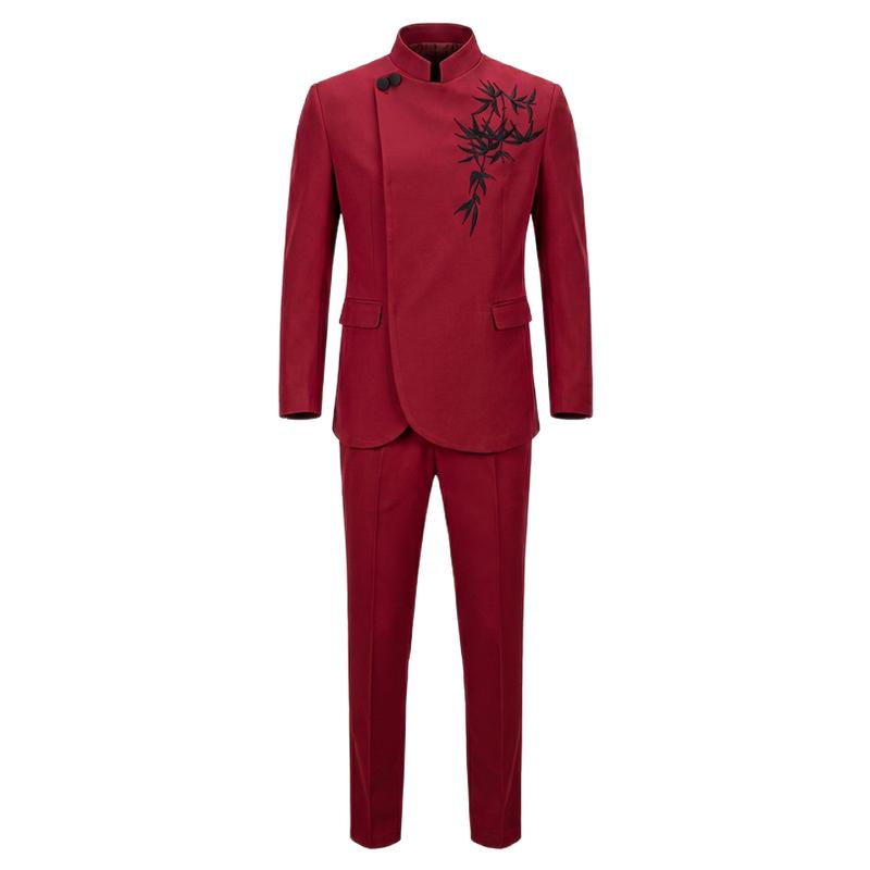 新中式酒红立领中山装刺绣新郎服