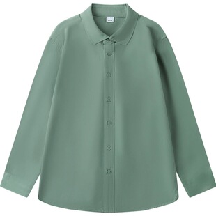 日系休闲简约纯色100%棉显白翠绿色翻领长袖衬衫男女宽松衬衣上衣