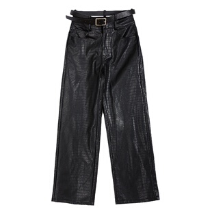 gagaopt自制新品鳞纹黑色皮裤宽松显瘦阔腿裤高腰直筒拖地长裤女