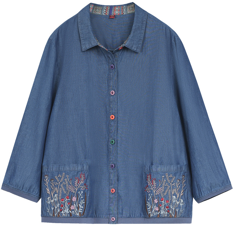 老年人夏装女衬衣纯棉牛仔奶奶款衣服中老年妈妈秋装七分袖衬衫