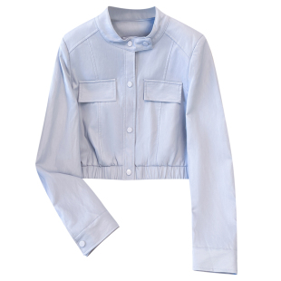 早春独特漂亮奶蓝色立领pu皮衣小外套女士高腰短款2026新款薄夹克