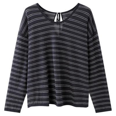 RUISHI芮时“悠闲时光”棉麻混纺圆领系带条纹长袖T恤罩衫女夏