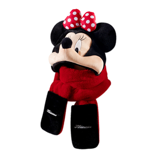 米老鼠米妮毛绒帽子围巾一体女冬加绒加厚可爱保暖防寒手套三件套