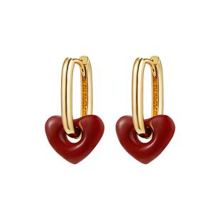 【自营】复古港风爱心耳扣铜镀金耳饰女法式银针安克拉红银针耳环