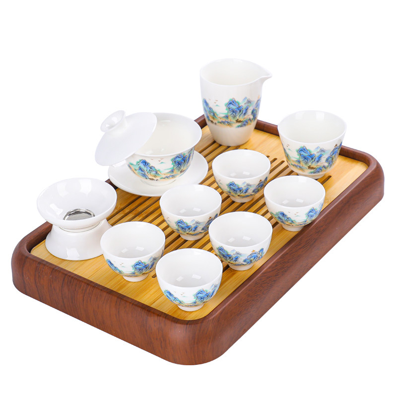 无描金羊脂玉瓷功夫茶具套装家用泡茶盖碗茶具德化白瓷礼盒装送礼