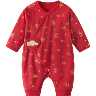 babylove新生儿连体衣秋冬纯棉满月百天宝宝衣服婴儿新年红色哈衣