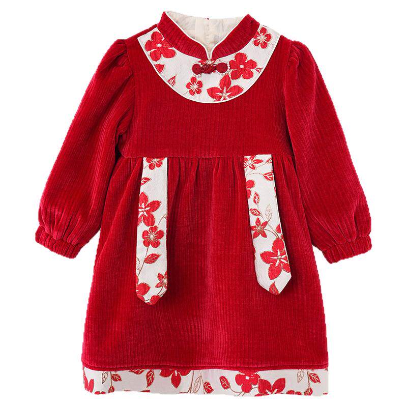 厵女童汉服冬季女童加厚保暖中国风连衣裙拜过年服红色年装演出服