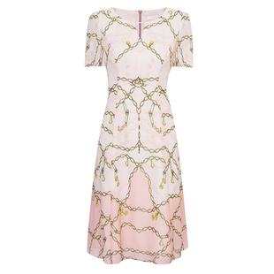 专柜正品马天奴女装夏季新款粉色印花桑蚕丝连衣裙收腰短袖裙子