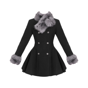 VOCK 雪国千金 高级感新年可拆卸毛领收腰毛呢大衣名媛呢子连衣裙