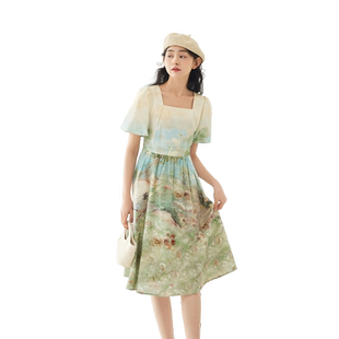 紫涵复古艺术感油画连衣裙女夏季新款文艺甜美小众短袖收腰A字裙