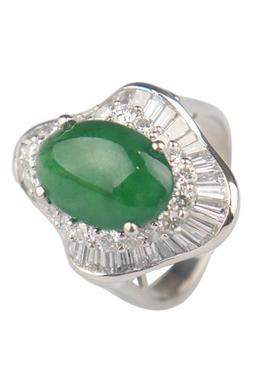 中古95新椭圆形翡翠钻石戒指铂金90050号