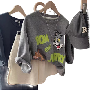 日系卡通印花浅灰色短袖T恤女夏季韩版纯棉半袖体系宽松学生上衣