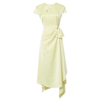 2025夏季新款时尚V领盖袖设计收腰显瘦不规则双面醋酸缎连衣裙