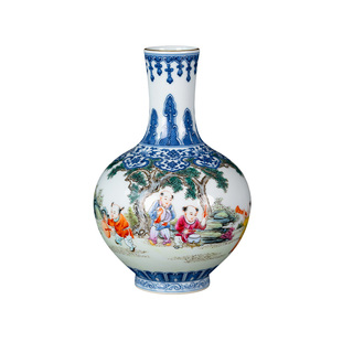 景德镇陶瓷器客厅博古架装饰品手绘青花瓷天球瓶童子瓷瓶高档摆件