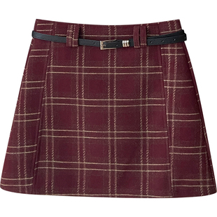 韩国chic新年红色羊绒毛呢料格纹短裙女秋冬百搭包臀A字半身裙子