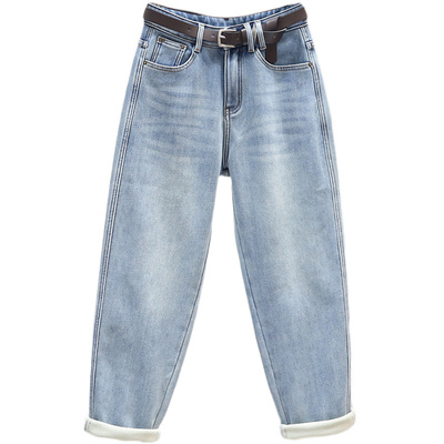 冬季加绒牛仔女浅蓝色加厚萝卜裤