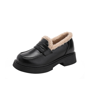 32小码小个子英伦风真皮加绒乐福鞋女厚底内增高懒人鞋黑色小皮鞋