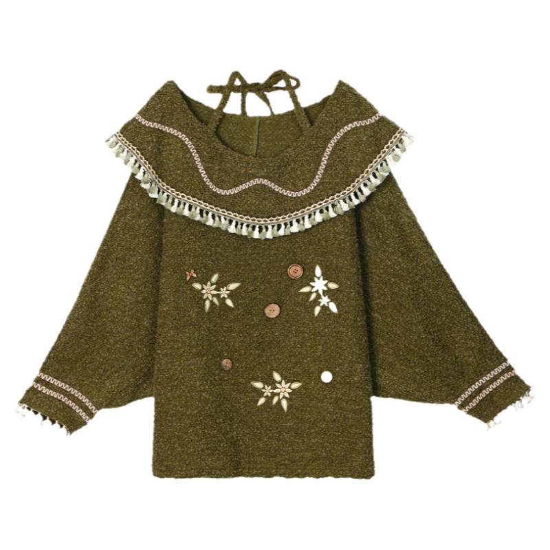 森女部落原创民族风时尚流苏挂脖吊带毛衣一字肩露肩设计感宽松女