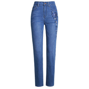 春季绣花直筒牛仔裤女2025新款修身显瘦高腰长裤时尚百搭刺绣裤子