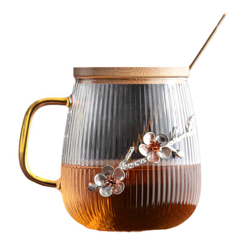 日式条纹耐热玻璃水杯带盖带勺子牛奶早餐杯镶锡果汁杯茶杯马克杯