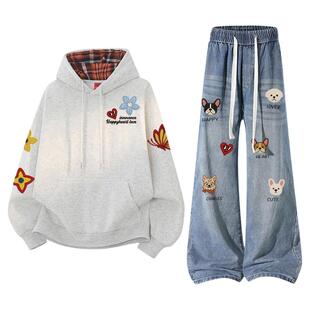 查尔斯桃心休闲套装男女春秋季连帽卫衣直筒休闲裤情侣潮牌两件套